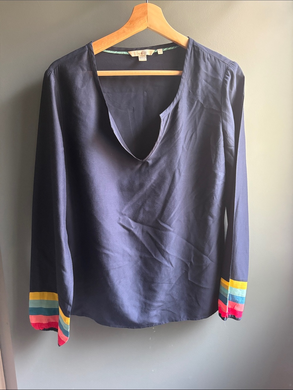 Boden Navy V-Neck Long-Sleeve Top with Multicolor Stripe Cuff